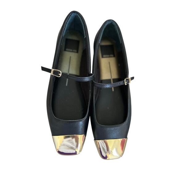 Dolce Vita Black Leather Gold Cap Toe Mary Jane Ballet Flat - Picture 1 of 6